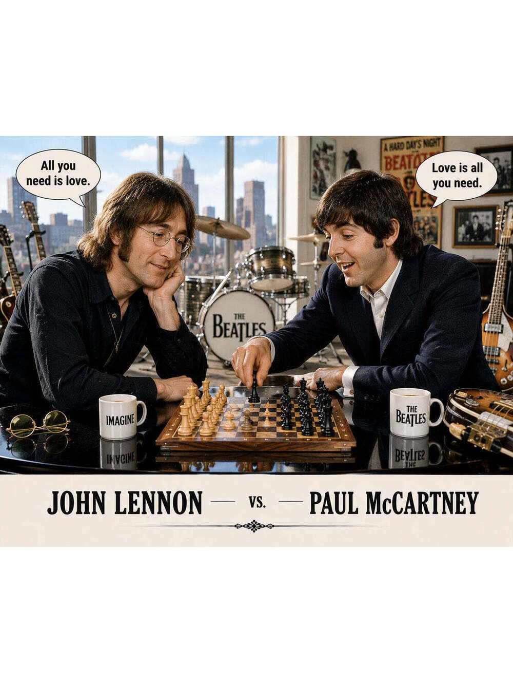 4335 John Lennon vs Paul McCartney Across The Board Chess  8x10 Glossy Print